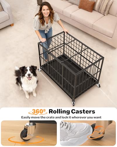 Docagt 48 Inch Heavy Duty Dog Crate Steel Escape Proof, Indoor Double Door High Anxiety Cage, Removable Tray, Large Dog Kennel with Wheels, XL XXL