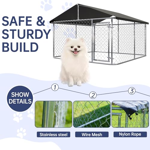 ATTAV Large Outdoor Dog Enclosure,Heavy Duty Dog Kennel with Roof,Galvanized Steel Dog Cage Fence with Double Safety Locks(6.56'x 6.56')