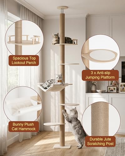 KinoTail Floor to Ceiling Cat Tree for Large Cats, 76-108in Height Adjustable 5-Tier Wood Cat Tower, Cats Activity Center with Plush Hammock & Jute Rope Scratching Posts for Indoor Cats