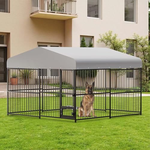 GarveeTech 10x10x6 ft Outdoor Dog Kennel Outdoor, Heavy-Duty Metal Dog Playpen with Waterproof Top Cover, Lock ＆ Swivel Feeding Bowl, Dog Crate Enclosure for All Dog Breeds, Easy Assembly