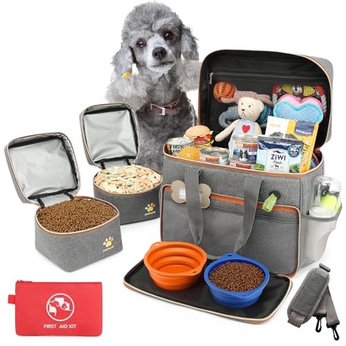 Pmpete Dog Travel Bag for Traveling| Week Away/Overnight Dog Travel Accessories with Multi-Function Pockets| Travel Set for Dogs and Cats|Ideal Pet Diaper Bag and Pet Gift Kit(Grey)