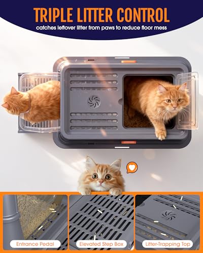 Powools Cat Litter Box - Stainless Steel Litter Box with Lid for Kitty, Metal Base Enclosed Cat Box with Litter Scoop, Elevated Step Box, Activated-Carbon Pack, 17.1" x 13.2" x 15", Grey