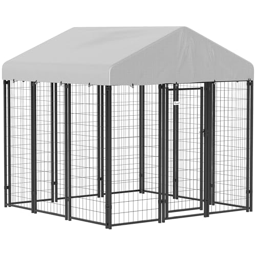 PawHut Outdoor Dog Kennel with Roof, 6' x 6' x 6' Heavy Duty Welded Wire Dog Playpen Enclosure with Escape-Proof Lock, UV-Resistant & Waterproof Cover, for Large Dogs, Chickens, Ducks, Silver