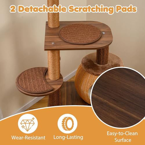 PETSITE 59.5-inch Tall PE Rattan Cat Tree, Multi-Level Modern Wooden Cat Tower with Sisal Scratching Posts, Ball Track Toy, Comfy Condo with Removable Soft Pads, and Hanging Ball, Ideal for Indoor Cat