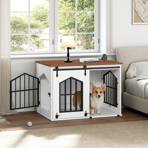MAHANCRIS Dog Crate Furniture, 31.5" Farmhouse Dog Kennel with Sliding Barn Door, Wooden Dog Cage for Small Medium Dogs, Decorative Pet House Side End Table, Chew-Resistant, White and Walnut DCBA9601