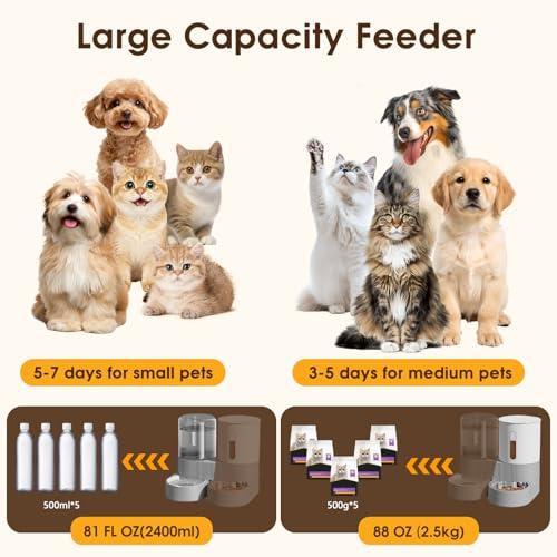 Automatic Gravity Cat Dog Feeder and Water Dispenser with 304 Stainless Steel Bowls 2 in 1 360 Degree Rotatable Auto 2.4L Dry Food and 2.6L Water Bowl for Small Medium Pet Dog Puppy Kitten (Gray)