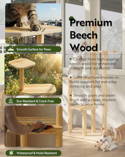 60" Tall Outdoor Cat Tree, Cat Tower Weatherproof for Patio,Garden,Balcony, Durable 4-Tier Natural Wood w/Scratching Posts for Multiple Cats,Outside&Indoor Adult Cats and Kittens Play, Climbing