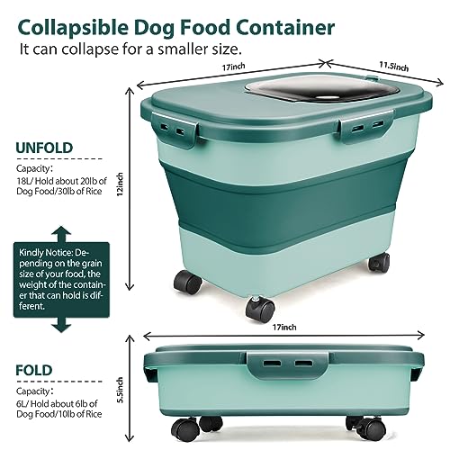 Viretec Dog Food Storage Container, 10-20Lbs Collapsible Pet Food Storage Containers with Rolling Wheel Airtight Locking Lid, Dry Food Storage Bin with Cup and Scoop,Suitable for Pet Food, Flour, Rice