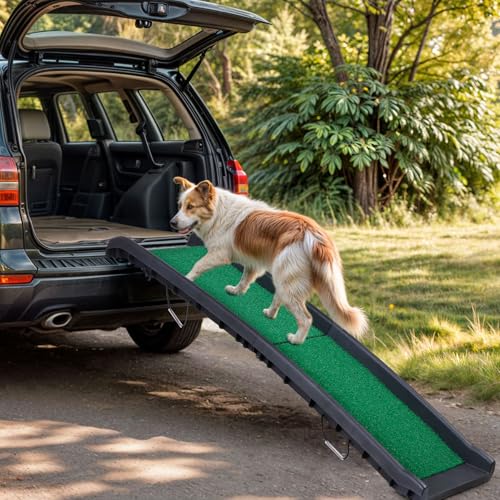 Folding Dog Ramp for Car Truck SUV 61 Inches Portable Pet Ramp with Grass Padded for Large Dogs Non Slip with Raised Siderails