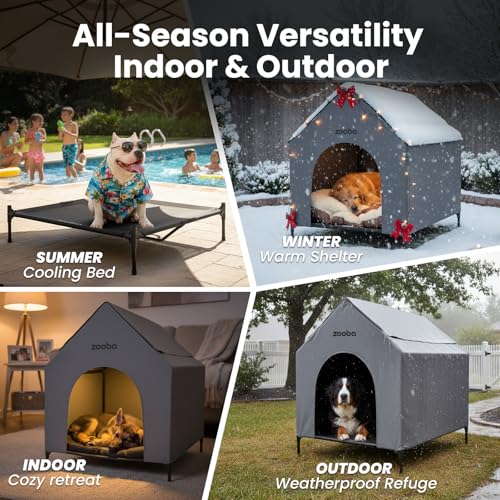 Zooba 36" Large Dog House for Large Dog Indoor or Outside, Weatherproof 600D PVC Outdoor, Featuring Breathable 2x1 Textilene Elevated Dog Bed, Easy Clean (Grey)