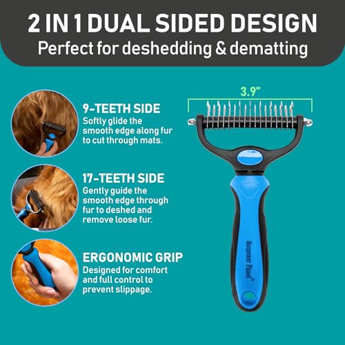 Maxpower Planet Pet Grooming Brush and 2X Grooming Gloves Combo - Double Sided Dematting, Deshedding Undercoat Rake for Dogs and Cats - Reduce Shedding Easily - Blue