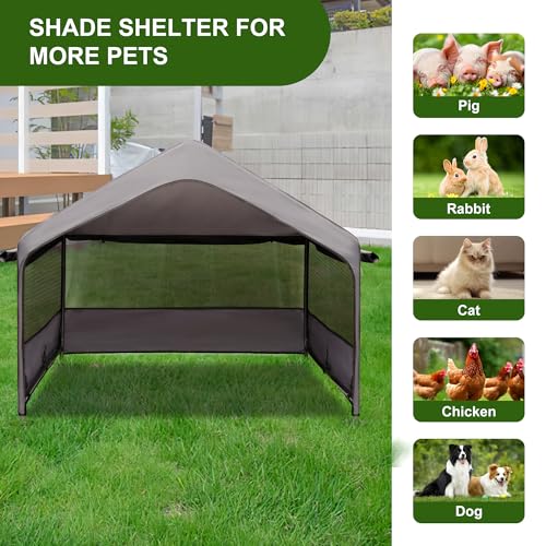 Summertrail Extra Large Dog House Outside, Dog Tent Outdoor, Big Dog Shade Shelter Doghouse Canopy with Three-Sided Breathable Mesh Windows, Gray Sun Rain Cover for Pet Cat Livestock 4'x 4'x 3.3'