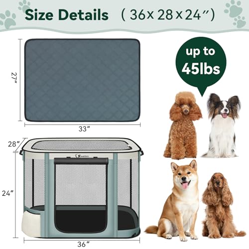 Siedihit Dog Cat Playpen Crate with Washable Pee Pad, Reinforced Durable Dog Cage, Portable Foldable Pet Kennel with Breathable Visibility (Grey with Pad, Large)