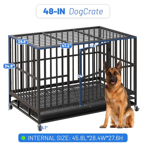 NUGRIART 48 Inch Heavy Duty Indestructible Dog Crate, XL Steel Escape-Proof Kennel for Large Dogs, Double Door Design with 4 Locking Wheels & Reinforced Baseplate, Ideal for High-Anxiety Dogs
