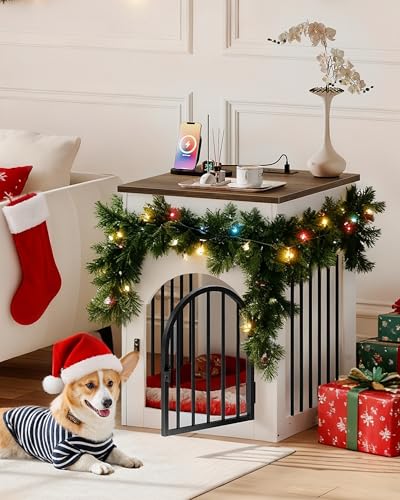 CHOEZON Dog Crate Furniture, Wooden Dog House with Charging Station and Storage Drawer, Indoor Pet Crate End Table for Small Breeds, Dog Kennel for Living Room, Bedroom, White and Walnut MGW01UWL