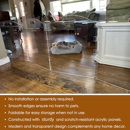 Clear Acrylic Freestanding Dog Gates for The House – Folding 3-Panel Pet Gates for Doorways, Indoor Stairs, and Hallways, Transparent Barrier for Dogs, Puppies, and Cats
