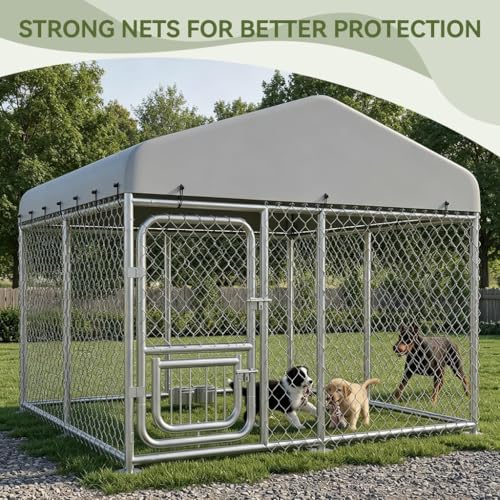 COMHOMA 7.5×7.5FT Dog Kennel Outdoor with Adjustable Bowls Feeder,Large Metal Dog Enclosure with Weather-Resistant Cover,Lockable Gate for Medium Large Dogs (Gunmetal, 7.5x7.5FT (90x90in))