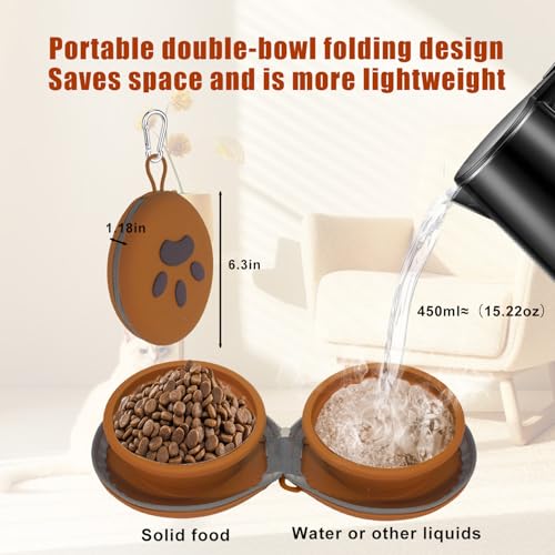 Gdsun Collapsible Dog Bowls, 2-in-1 Silicone Pet Food and Water Bowl with Carabiner, Portable Double Compartment Dish for Travel, Camping, Hiking Puppy Essentials (Brown)