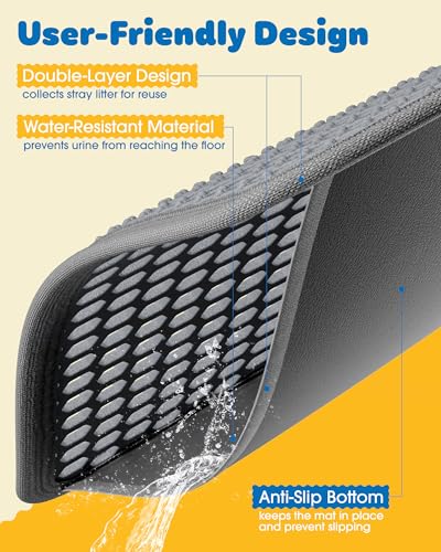 27" x 19" Cat Litter Mat - Ultra-Large Litter Box Mat with Double Layers, Urine-Proof and Non-Slip Litter Trapping Mat, Easy to Clean Kitty Litter Mats for Floor, Scatter Control, Grey