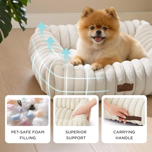 Bedsure ComfyFleece™ Cute Dog Bed for Small Dogs & Cats - Washable Furry Cat Beds, Rectangle Orthopedic Corduroy Fleece Puppy Beds with Removable Zipper Cover, 20x19x6inches, Cream