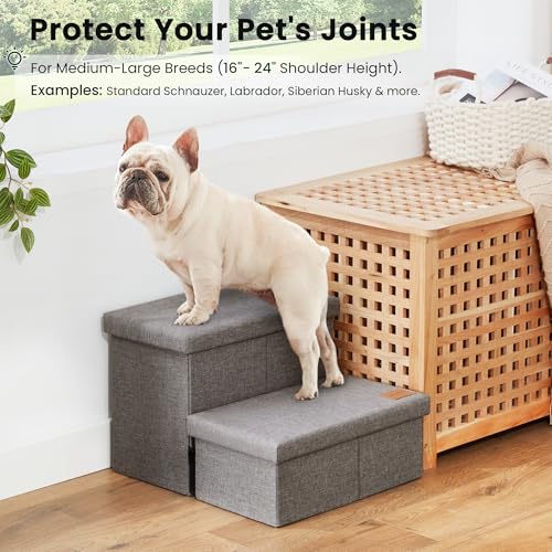 Love's cabin Dog Stairs with Storage 13" H, Foldable Pet Stairs for Small Medium or Large Dogs, Cat Puppy Steps Ramp with Zip up to 150 lbs, Solid Grey, 2 Steps