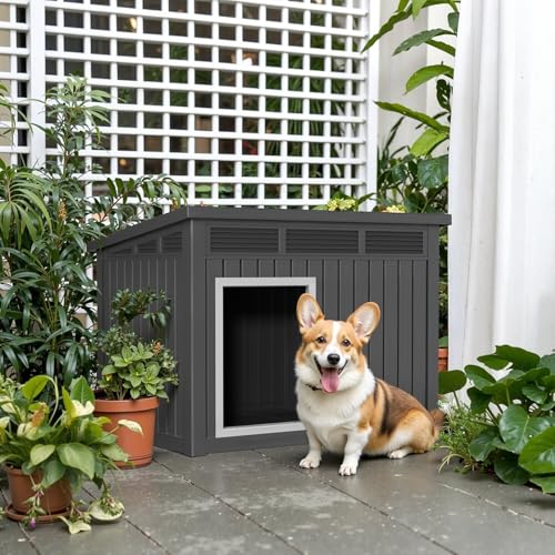 VIXZEN Dog House for Indoor and Outdoor Weatherproof Doghouse with Air Vents Elevated Floor Openable at The Top Easy to Assemble and Clean for Medium to Large (Black, (32.2"×25.12"×24.13"))