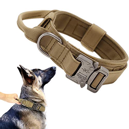 Xqpetlihai Tactical Dog Collar Adjustable Military Nylon Dog Collar with Control Handle and Heavy Duty Metal Buckle for Medium and Large Dogs (Brown,L)