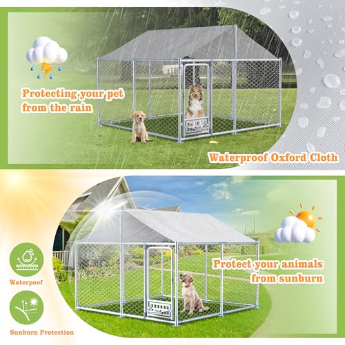 Grepatio 7.5x7.5 FT Outdoor Dog Kennel with Roof, Outside Dog Enclosure with 2 Rotating Feeder Bowls, Dog Kennel Dog Playpen Fence for Large Dogs with Secure Lock (7.5x7.5 FT)
