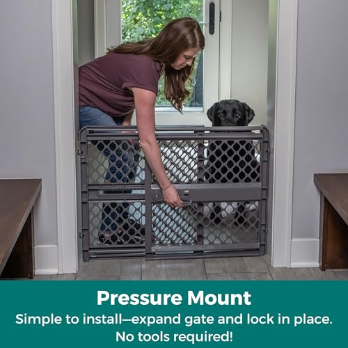 MYPET Essential Petgate: 26-42" Wide Expandable, Pressure Mounted No Tools Needed, Durable Dog Gate for Doorways, Made in USA, 26" Tall, Fieldstone Gray