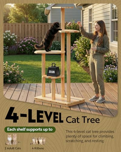60" Tall Outdoor Cat Tree, Cat Tower Weatherproof for Patio,Garden,Balcony, Durable 4-Tier Natural Wood w/Scratching Posts for Multiple Cats,Outside&Indoor Adult Cats and Kittens Play, Climbing