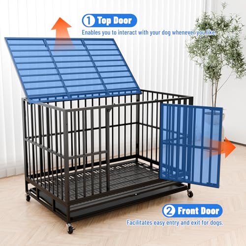 NUGRIART 48 Inch Heavy Duty Indestructible Dog Crate, XL Steel Escape-Proof Kennel for Large Dogs, Double Door Design with 4 Locking Wheels & Reinforced Baseplate, Ideal for High-Anxiety Dogs