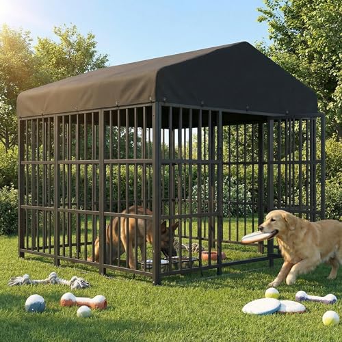 PANTAZO Large Dog Kennel Outdoor with Double Safety Locks 73''x72''x71'' Heavy Duty Welded Wire Steel Pet Pen Dog Enclosure with UV-Resistant Waterproof Roof