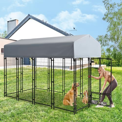 TOBYUL 8x4x6 FT Dog Kennel Outdoor for Large Dogs,Dog Enclosure Dog Cage Pet House with UV-Resistant Waterproof Cover,Double Safety Locks,Rotating Feeding Bowls (8FT*4FT)