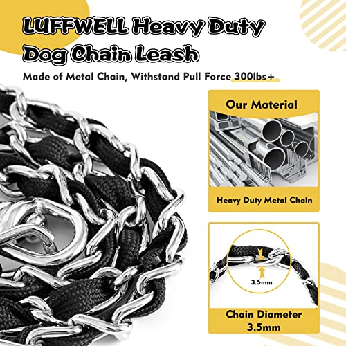 LUFFWELL Heavy Duty Metal Dog Chain Leash with Comfortable PU Leather Padded Handle, Chew Proof for Medium Large Pooch Walking Training (6FT 3.5mm Black)