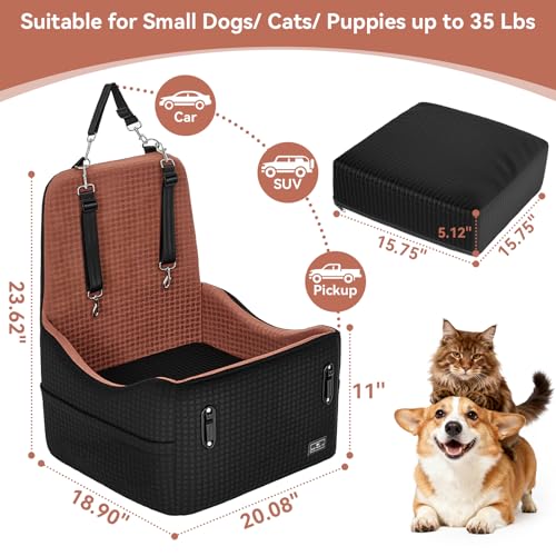 PETSFIT Dog Car Seat for Small/Medium Dogs Up to 35 lbs – Patented Safety System, 5" Memory Foam Pet Booster Car Seat, Fully Detachable and Washable Dog Carseat with 2 Storage Pockets (Black/Brown)