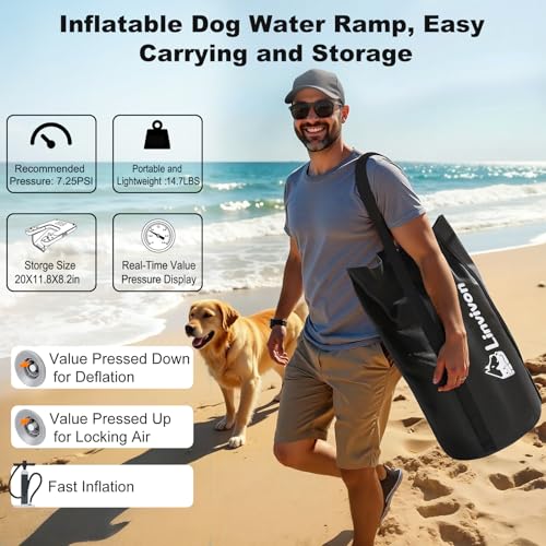 Linvivon Inflatable Dog Boat Ramp for Dogs Up to 240 lbs, Inflatable Dock Floating Platform with Anti-Slip EVA Foam Safe & Easy Water Access, Dog Ramp for Boat, Pools, Lakes, Boats, Docks, Green