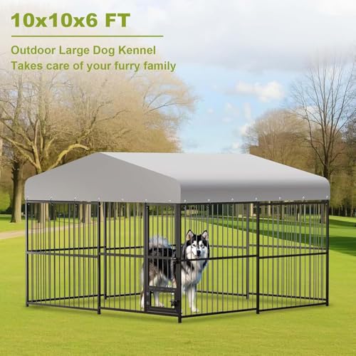 Outdoor Dog Kennel, 10x10x6 FT Dog Kennel Outside with Lock, Dog Enclosures for Large Dogs with UV-Resistant Waterproof Cover for Outside