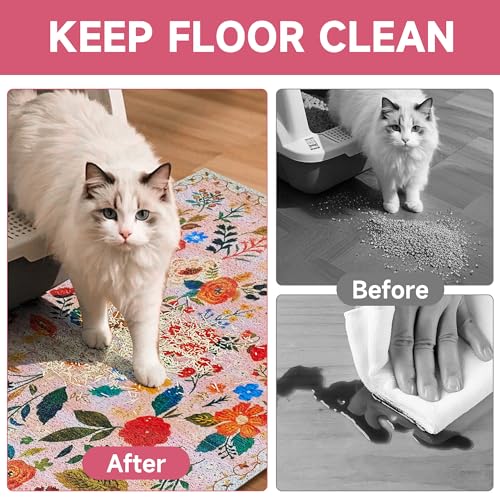 YOSEPATI Cat Litter Mat, 24" x 16" Litter Box mat, Upgrade Non-Slip Kitty Litter mat, Traps 100% Litter, Soft on Kitty Paws, Easy Clean for Scatter Control, Bohe cat Food mat, Urine Waterproof
