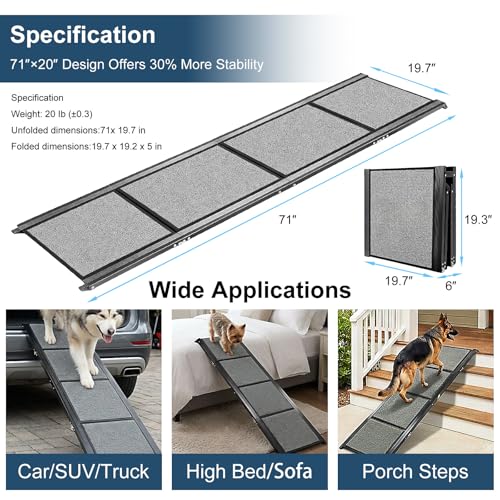 Dog Ramp for Cars 71"Long x 20"Wide SUV & Trucks, Non-Slip Surface Aluminum Pet Ramps for Small & Large Dogs–Heavy Duty Foldable Lightweight Portable Ramp for Senior Dogs High Bed Couch Outdoor 250lbs