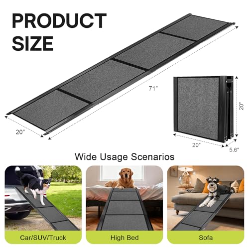 𝟕𝟏'' & 𝟐𝟎" Wide Dog Ramp for Large Dogs, Holds 250LBS & Gentle Slope for Joint Care - Dog Car Ramp with Upgrade Non-Slip Surface - Portable Folding Pet Ramps for Senior Pets Enter into SUV, Truck