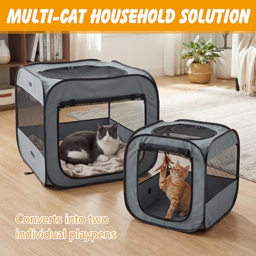 Portable Cat Playpen with Separate Areas, Foldable Cat Tent for Indoor and Outdoor, Pet Playpen for Kittens and Small Dogs