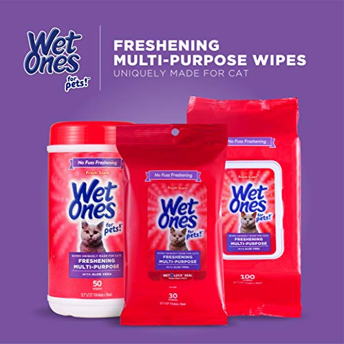Wet Ones for Cats Freshening Wipes, Multi-Purpose Cat Grooming Wipes with Aloe Vera, Helps Remove Dirt, Odor, and Dander Between Baths, Fresh Scent, 50 Count