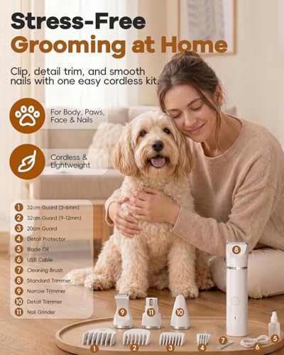 Veeconn Dog Clippers Grooming Kit Hair Clipper-Low Noise Paw Trimmer- Rechargeable - Cordless Quiet Nail Grinder Shaver for Cats and Other Pets