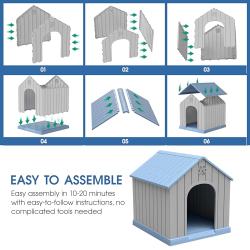 Fancyango Large Dog House Outdoor Indoor for Medium Large Dogs, Sturdy Plastic Waterproof Doghouse with Air Vents and Elevated Floor, Easy Clean and Assemble (Light Blue, 36.2''L×38''W×38''H)