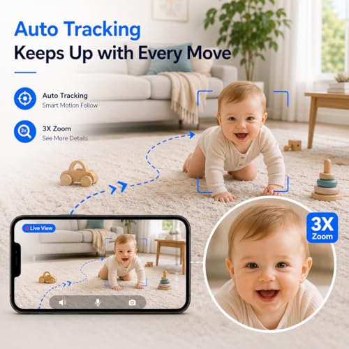 GUOANVISION Baby Monitor with Camera and Audio, 3MP Baby Camera for Room, 355° Pan Tilt, Smart Motion Tracking, 3X Zoom, Color Night Vision, Two-Way Talk, 5G/2.4G WiFi, SD/Cloud