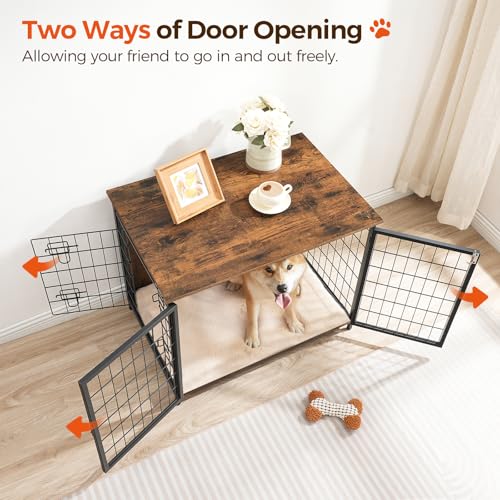 MAHANCRIS Dog Crate Furniture with Cushion, Wooden Dog Kennel with Double Doors, Heavy Duty Dog Cage for Small/Medium/Large Dogs, Indoor Dog House End Table, 31.5" L, Rustic Brown DCHR0701Z1