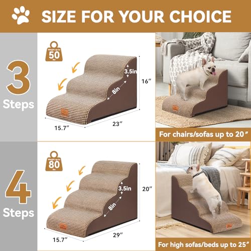 Zerbuger Dog Ramp and Stair for Bed 16" H-20 H,3-Step Cat Stair for Sofa and Chair,4-Step Dog Ramp for High Bed and Window,Durable Nonslip Fabric Cover for Indoor (Coffee-16 H, Pet Friendly, 3)