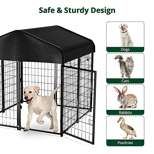 Dog Kennel Outside with Roof, 4'x4'x4.5' Outdoor Dog Kennels for Large Dogs, Heavty Duty Welded Dog Crate Playpen with UV-Resistant Waterproof Cover