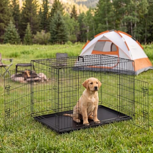 Sweetcrispy 42 Inch Dog Crate, Medium Large Crates Double Door Folding Metal Wire Dog Cage with Plastic Leak-Proof Pan Tray, Pet Kennel for Indoor, Outdoor, Travel