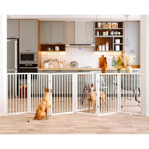 Vantas Folding No-Assembly Metal Pet Gate 120" Wide, 32" Extra Tall Dog Gate with Door Walk Through, Freestanding Accordion Puppy Gate Dog Door for Indoor & Outdoor, with 2PCS Support - White